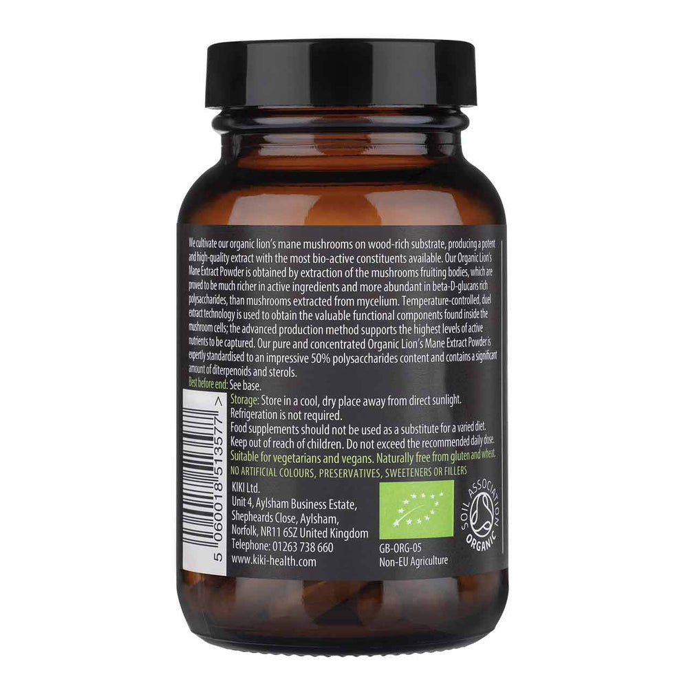 Organic Lion's Mane Mushroom Extract back of bottle